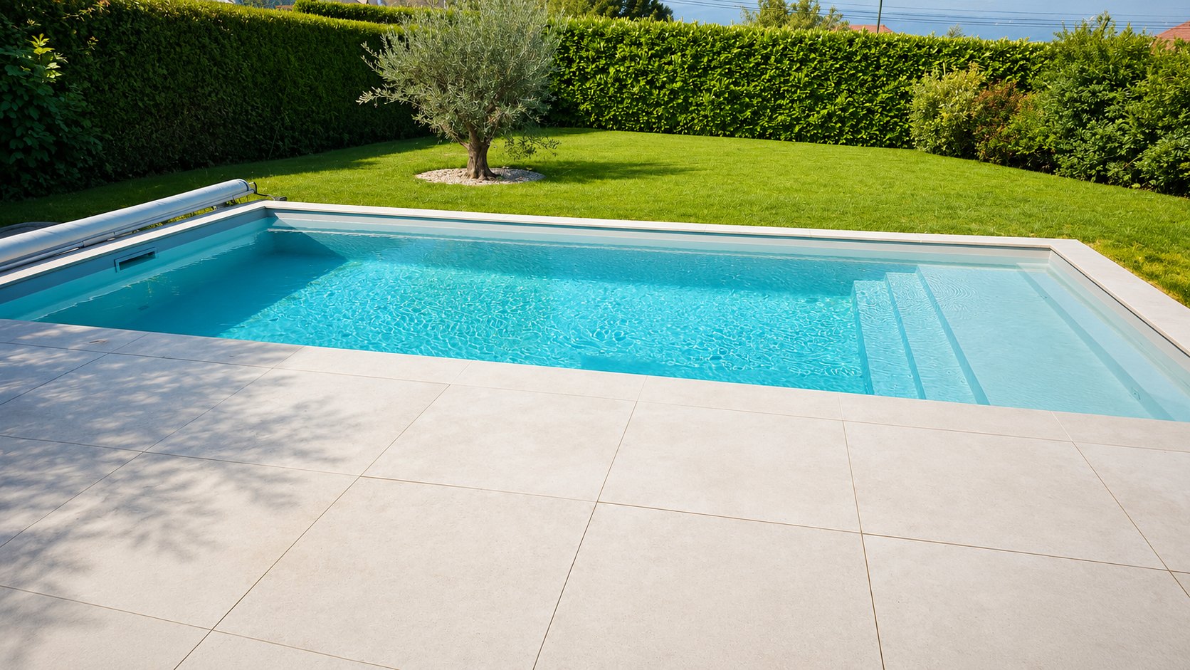 Piscine contemporaine réalisée dans un jardin paysager